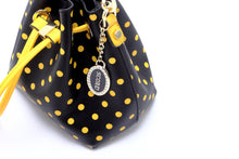Load image into Gallery viewer, SCORE! Sarah Jean Small Crossbody Polka dot BoHo Bucket Bag- Black and Gold Yellow
