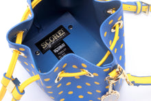 Load image into Gallery viewer, SCORE! Sarah Jean Small Crossbody Polka dot BoHo Bucket Bag- Royal Blue and Gold Yellow Houston Baptist Huskies, Southern Jaguars, UCLA Bruins, Delaware Fighting Blue Hens, NBA Golden State Warriors, Denver Nuggets, MLB Milwaukee Brewers, NHL St. Louis Blues
