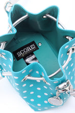 Load image into Gallery viewer, SCORE! Sarah Jean Small Crossbody Polka Dot BoHo Bucket Bag - Turquoise and Silver
