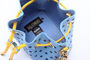SCORE! Sarah Jean Small Crossbody Polka dot BoHo Bucket Bag - Light Blue, Navy Blue and Yellow Gold