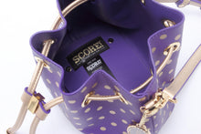 Load image into Gallery viewer, SCORE! Sarah Jean Small Crossbody Polka dot BoHo Bucket Bag - Purple and Gold Gold
