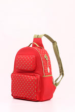 Load image into Gallery viewer, SCORE! Natalie Michelle Medium Polka Dot Designer Backpack - Red and Olive Green
