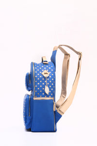 SCORE! Natalie Michelle Medium Polka Dot Designer Backpack  - Imperial Blue and Metallic Gold