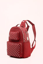 Load image into Gallery viewer, SCORE! Natalie Michelle Large Polka Dot Designer Backpack- Maroon and Silver
