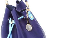 Load image into Gallery viewer, SCORE! Sarah Jean Crossbody Large BoHo Bucket Bag - Navy Blue and Light Blue
