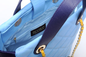 SCORE!'s Kat Travel Tote for Business, Work, or School Quilted Shoulder Bag - Light Blue, Navy Blue and Yellow Gold