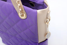 Load image into Gallery viewer, SCORE!&#39;s Kat Travel Tote for Business, Work, or School Quilted Shoulder Bag - Purple and Gold Gold
