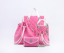 Load image into Gallery viewer, SCORE! Sarah Jean Small Crossbody Polka dot BoHo Bucket Bag - Pink and White

