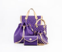 Load image into Gallery viewer, SCORE! Sarah Jean Crossbody Large BoHo Bucket Bag - Purple and Gold Gold
