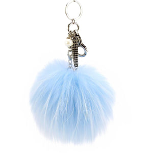 Real Fur Puff Ball Pom-Pom 6" Accessory Dangle Purse Charm - Light Blue with Silver Hardware