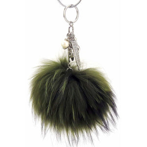Real Fur Puff Ball Pom-Pom 6" Accessory Dangle Purse Charm - Olive Green with Silver Hardware