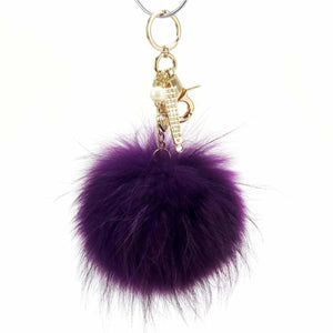 Real Fur Puff Ball Pom-Pom 6" Accessory Dangle Purse Charm - Purple with Gold Hardware