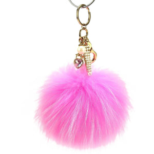 Real Fur Puff Ball Pom-Pom 6" Accessory Dangle Purse Charm - Pink with Gold Hardware