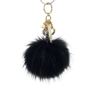 Real Fur Puff Ball Pom-Pom 6" Accessory Dangle Purse Charm - Black with Gold Hardware University of Wisconsin Oshkosh Titans, UWO Titans,  Kennesaw State University Owls,  University of Iowa Hawkeyes, Wichita State University Shockers, University of Missouri Mizzou Tiger, Appalachian State University Mountaineers, West Liberty University Hilltoppers, University of South Mississippi Golden Eagles, VCU Rams, Northern Kentucky Norse, Wichita State Shockers, Towson Tigers, UMBC Retrievers