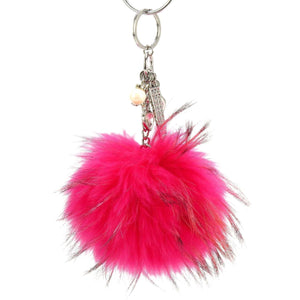 Real Fur Puff Ball Pom-Pom 6" Dangle Purse Charm - Fandango Hot Pink with Silver Hardware