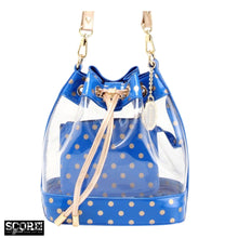 Load image into Gallery viewer, SCORE! Clear Sarah Jean Designer Crossbody Polka Dot Boho Bucket Bag- Royal Blue and Gold Gold
