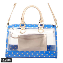Load image into Gallery viewer, SCORE! Moniqua Large Designer Clear Crossbody Satchel - Imperial Royal Blue and Metallic Gold
