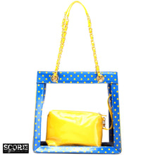 Load image into Gallery viewer, SCORE! Andrea Large Clear Designer Tote for School, Work, Travel - Imperial Blue and  Yellow Gold
