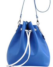 Load image into Gallery viewer, SCORE! Sarah Jean Crossbody Large BoHo Bucket Bag - Royal Blue and White

