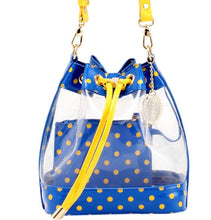 Load image into Gallery viewer, SCORE! Clear Sarah Jean Designer Crossbody Polka Dot Boho Bucket Bag- Royal Blue &amp; Yellow Gold
