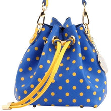 Load image into Gallery viewer, SCORE! Sarah Jean Small Crossbody Polka dot BoHo Bucket Bag- Royal Blue and Gold Yellow  Tri Delt Delta Delta Delta sorority sisters, or a sports bar with friends to watch University of Nebraska Kearney, Ithaca College, Delaware Fighting Blue Hens, Morehead State Eagles, Kansas City Roos, South Dakota State Jackrabbits, San Jose State Spartans, North Carolina A&amp;T Aggies, Kent State Golden Flashes, McNeese State Cowboys
