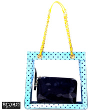 Load image into Gallery viewer, SCORE! Andrea Large Clear Designer Tote for School, Work, Travel- Light Blue, Navy Blue and  Yellow Gold
