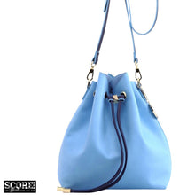 Load image into Gallery viewer, SCORE! Sarah Jean Crossbody Large BoHo Bucket Bag - Light Blue and Navy Blue
