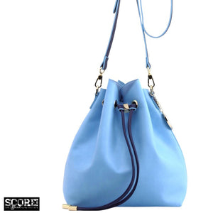 SCORE! Sarah Jean Crossbody Large BoHo Bucket Bag - Light Blue and Navy Blue