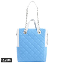 Load image into Gallery viewer, SCORE!&#39;s Kat Travel Tote for Business, Work, or School Quilted Shoulder Bag - Light Blue and White
