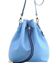 Load image into Gallery viewer, SCORE! Sarah Jean Crossbody Large BoHo Bucket Bag - Light Blue and Navy Blue
