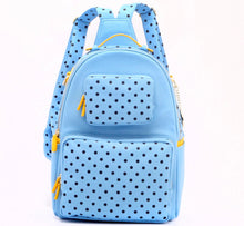 Load image into Gallery viewer, SCORE! Natalie Michelle Medium Polka Dot Designer Backpack  - Light Blue, Navy Blue and Yellow Gold
