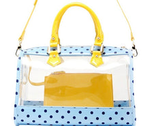 Load image into Gallery viewer, SCORE! Moniqua Large Designer Clear Crossbody Satchel -Light Blue, Navy Blue and  Yellow Gold
