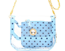 Load image into Gallery viewer, SCORE! Chrissy Small Designer Clear Crossbody Bag - Light Blue, Navy Blue and Yellow Gold
