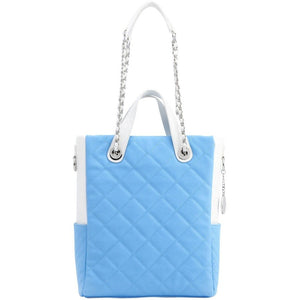 SCORE!'s Kat Travel Tote for Business, Work, or School Quilted Shoulder Bag - Light Blue and White