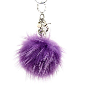 Real Fur Puff Ball Pom-Pom 6" Accessory Dangle Purse Charm -Lavender with Silver Hardware