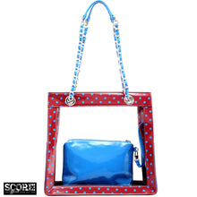 Load image into Gallery viewer, SCORE! Andrea Large Clear Designer Tote for School, Work, Travel - Maroon and Blue

