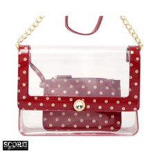 Load image into Gallery viewer, SCORE! Chrissy Medium Designer Clear Cross-body Bag - Maroon and Gold

