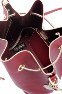 SCORE! Sarah Jean Crossbody Large BoHo Bucket Bag - Maroon Crimson and Gold
