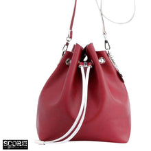 Load image into Gallery viewer, SCORE! Sarah Jean Crossbody Large BoHo Bucket Bag - Maroon Crimson and Silver
