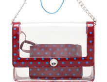 Load image into Gallery viewer, SCORE! Chrissy Medium Designer Clear Cross-body Bag - Maroon and Blue
