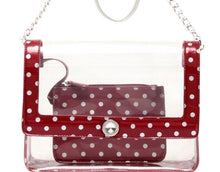 Load image into Gallery viewer, SCORE! Chrissy Medium Designer Clear Cross-body Bag - Maroon and Silver
