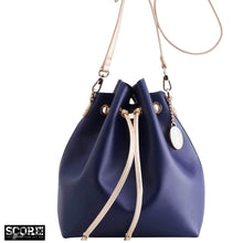 Load image into Gallery viewer, SCORE! Sarah Jean Crossbody Large BoHo Bucket Bag - Navy Blue and Gold Gold
