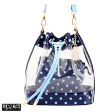 Load image into Gallery viewer, SCORE! Clear Sarah Jean Designer Crossbody Polka Dot Boho Bucket Bag-Navy Blue and Light Blue
