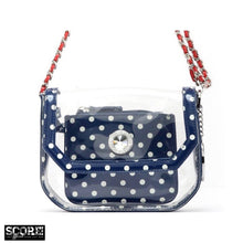 Load image into Gallery viewer, SCORE! Chrissy Small Designer Clear Crossbody Bag - Navy Blue, White and Red
