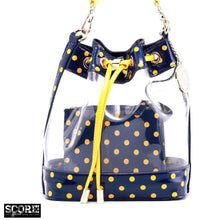 Load image into Gallery viewer, SCORE! Clear Sarah Jean Designer Crossbody Polka Dot Boho Bucket Bag-Navy Blue and Gold Yellow
