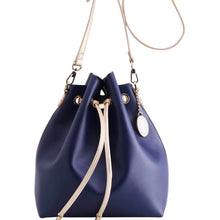 Load image into Gallery viewer, SCORE! Sarah Jean Crossbody Large BoHo Bucket Bag - Navy Blue and Gold Gold
