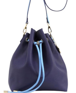 SCORE! Sarah Jean Crossbody Large BoHo Bucket Bag - Navy Blue and Light Blue