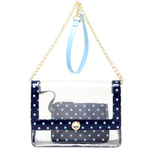 Load image into Gallery viewer, SCORE! Chrissy Medium Designer Clear Cross-body Bag -Navy Blue and Light Blue
