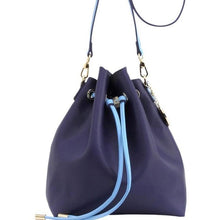 Load image into Gallery viewer, SCORE! Sarah Jean Crossbody Large BoHo Bucket Bag - Navy Blue and Light Blue
