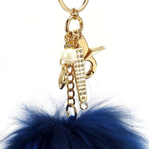 Real Fur Puff Ball Pom-Pom 6" Accessory Dangle Purse Charm - Navy Dark Blue with Gold Hardware